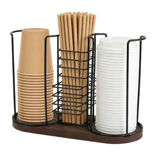 Image of DUNTON 3-Compartment Coffee Cup Dispenser with Wooden Base,18oz Coffee Cup Holder Organizer for Storing Paper Cups,Lids,Straws,Stirring Rods,Organizer for Countertop, Coffee Bar, Kitchen, Office
