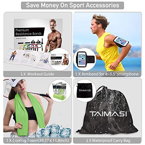 TAIMASI 19PCS Resistance Bands Set Workout Bands, 5 Stackable Exercise Bands with Handles, 5 Resistance Loop Bands, Cooling Towel, Sports Armband, Carry Bag, Guide Book, Ankle Straps, Door Anchor