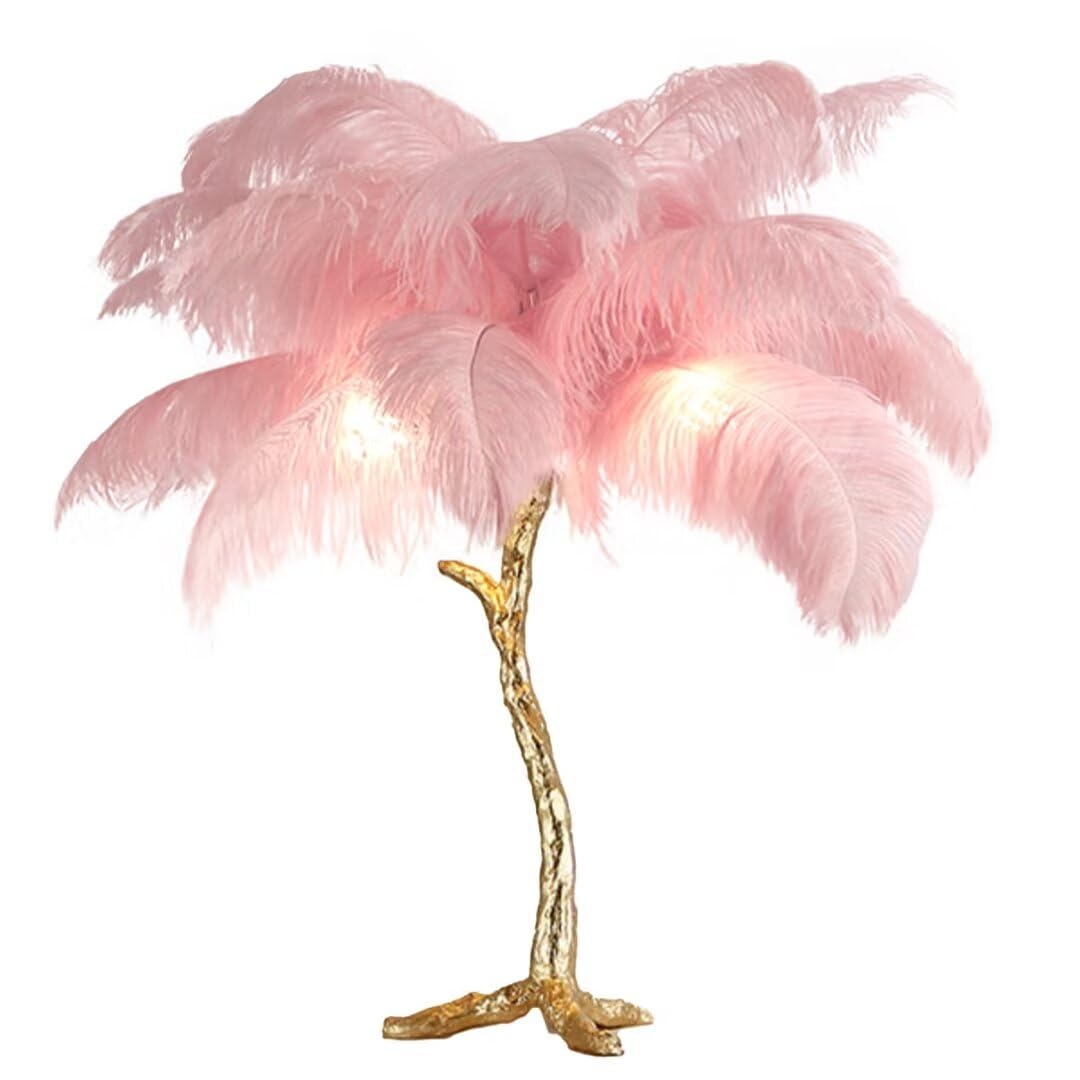 GUANSHAN Ostrich Feather Table Lamp Creative Feather Lampshade with Tree Fork Resin Base Decorative Ostrich Feather Table Lighting Night Light for Living Room, Bedroom