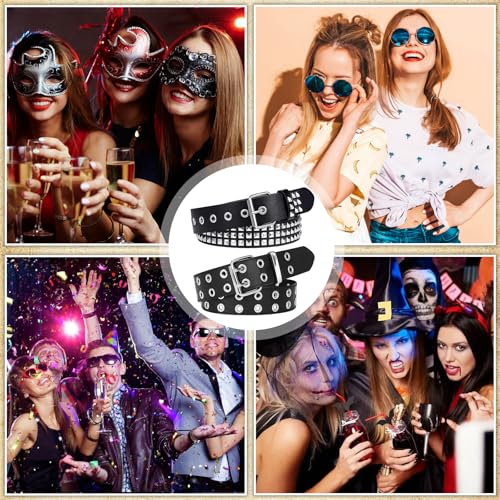Black Studded Belt, 2 Pcs Y2K Belt Metal Punk Rock Double Grommet Belts with Bright Pyramid Studded for Women Men 6