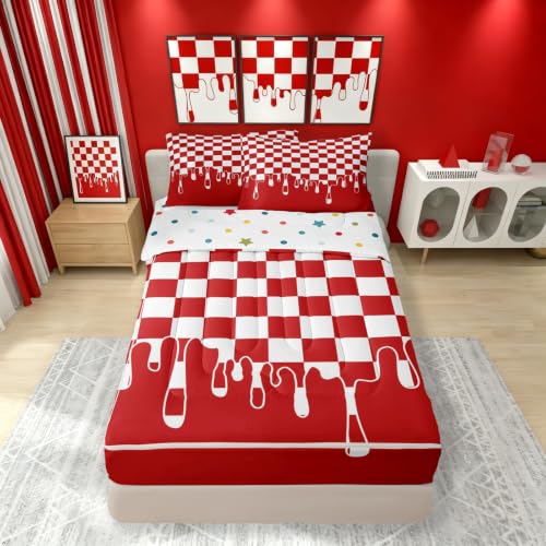 Image of Red and White Checkered Durable Zipper Bedding Set Full,Checkerboard Drip 4 Piece Kids Comforter with Fitted Sheet & Pillowcases,Cool Aesthetic Funky Modern Geometric for Active Families Pet Friendly