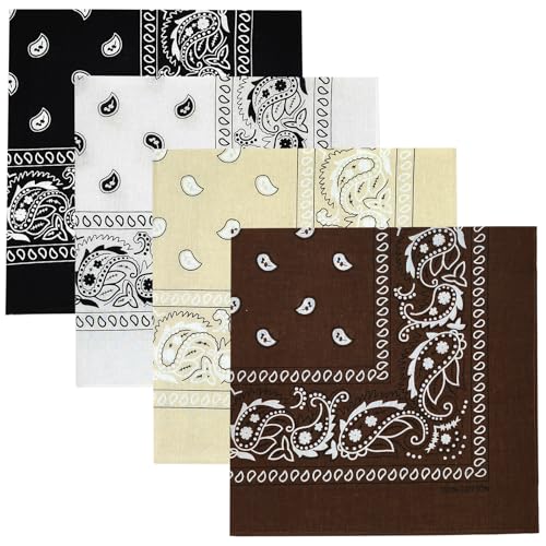 Gorgeous Island 4 Pack 100% Cotton Bandanas 21.5x21.5 inches - Black/White/Cream/Brown