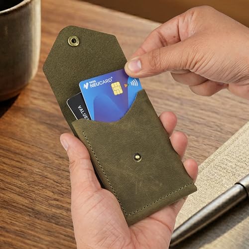 Image of The Wallet Store Flip 2.0 Genuine Leather Vertical Slim Wallet for Men | Easy Quick Card Access | Compact Front Cash Pocket & Button Lock | Minimalist Travel & Daily Carry Wallet (Green)