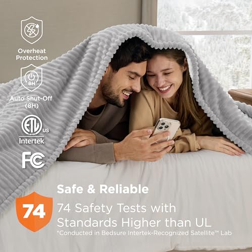 Image of Bedsure GentleSoft Electric Blanket Queen Size - Soft Ribbed Flannel Heated Blanket with Dual Control, Heating with 10 Heat Settings & 10 Time Settings, 8 hrs Timer Auto Shut Off (84 inchx90 inch, Light Grey)