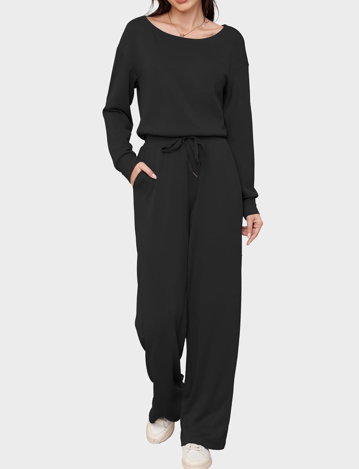 Casly Lamiit Women's Jumpsuits Dressy Casual Off Shoulder Long Sleeve Wide Leg Pants Romper One Piece Outfits with Pockets - Image 2