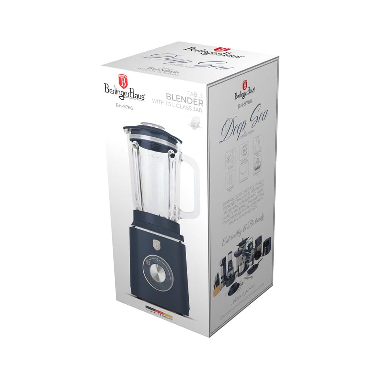 Berlinger Haus Batidora de vaso de cristal de 1,5 l, 1000 W, batidora de alto rendimiento para batidos, sopas y salsas, colección Deep Sea Collection, utensilios de cocina para una alimentación