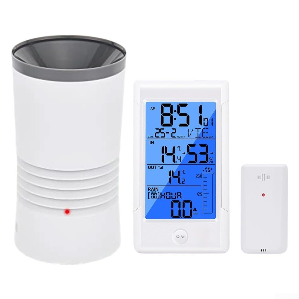 Funk Regenmesser digital mit Kalender&Alarmfunktion, LED Hintergrundbeleuchtung, Innen- und Außentemperatur, Luftfeuchtigkeit 10% bis 99%, Niederschlagsaufzeichnung für 9 Tage, Sensor enthalten