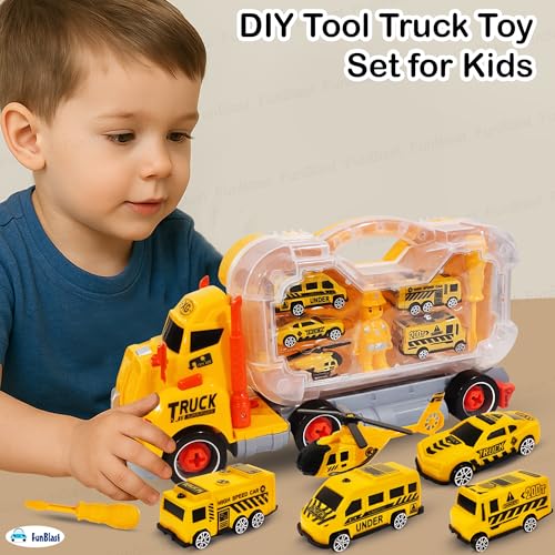 Image of FunBlast DIY Tool Truck Toy Set for Kids - 2-in-1 Construction Vehicle Set with Mini Cars, Helicopter, Tools & Carry Case, Role Play Toys for 3+ Year Boys & Girls (Multicolor)