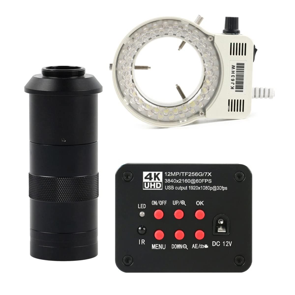 ZTBH Zestaw akcesoriów do mikroskopu 12 MP 4K 1080P USB przemysłowa kamera mikroskopowa TF wideo, 180 x 300 x 200 x 500 x uchwyt mikroskopowy do obiektywu (kolor: LED z 100 x)