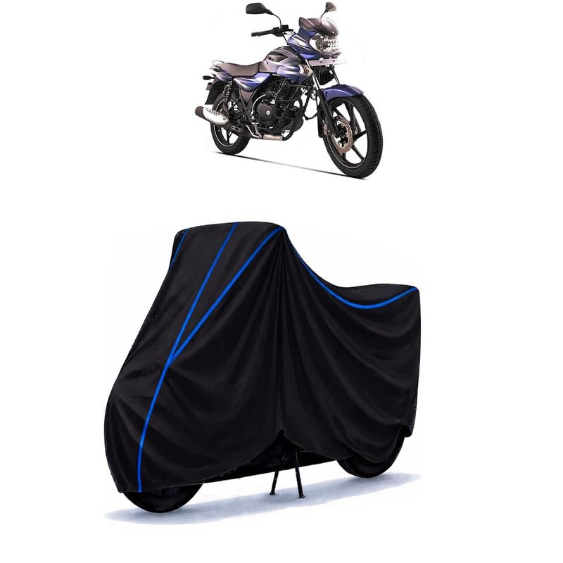 Image of Bajaj Discover 135 Bike Cover Water Resistant Universal Motorcycle Rain | Heavy Duty UV Protection, Dust, Scratch Indoor Outdoor All Weather with Black Blue Piping Elastic