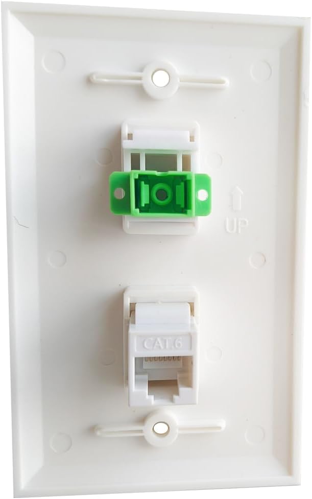 SC/APC Fiber Optic and Ethernet CAT6 Wall Plate - 1 Port Fiber Optical Keystone Jack, 1 Port Cat 6 Cover Plate - White