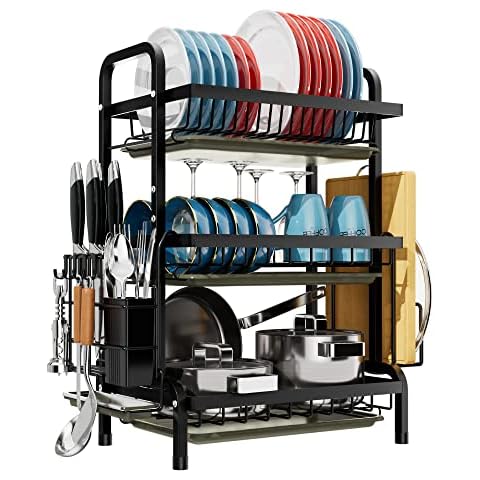 Dish Drainers Rack with Drip Tray, 3 Tier Large Dish Drying Rack with Draining Board and Cutlery /Chopping Board Holder over Sink, Dish Dryer Rack For Plate/Utensil on Kitchen Countertop (3-tier) Cover