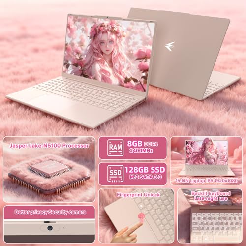 Image of Auusda Lightweight Portable Pink Laptop, 4C4T-Processor, 15.6 inch FHD IPS, Backlit Keyboard, Privacy Camera, Fingerprint Reader, Win 11 Pro, USB 3.0, HDMI, for Business Work Study, 8GB RAM 128GB NVMe SSD