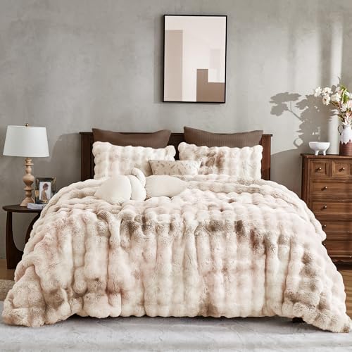 Wonderful 3 Pieces Fluffy Faux Rabbit Fur Bubble Comforter Set King Size Tie-Dyeing Beige Plush Fuzzy Bedding Set Warm Soft Bubble Comforter Bedding Set for Winter