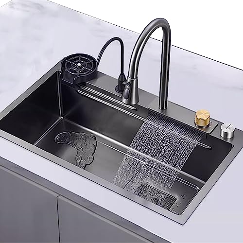 Grifo de cascada integrado en fregadero de acero inoxidable con accesorios de lavado