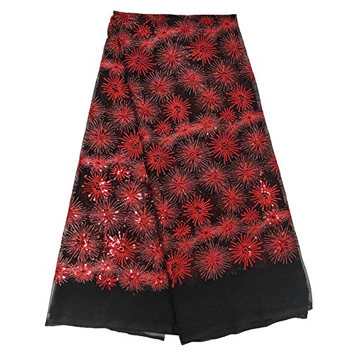 Milylace African Lace Fabric 5 Yards Nigerian Tulle Mesh Lace Fabric with Glitter Sequins (Red)