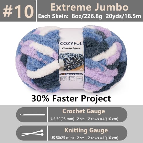 Image of Cozyful Chunky Yarn for Hand Knitting - #10 Chunky Chenille Blanket Yarn, Jumbo Big Thick Chunky Yarns for Crocheting, Tie Dye Bulky Knit Yarns, 8 Skein (20 yds 8 oz Each Skein), Multi Blue&Purple