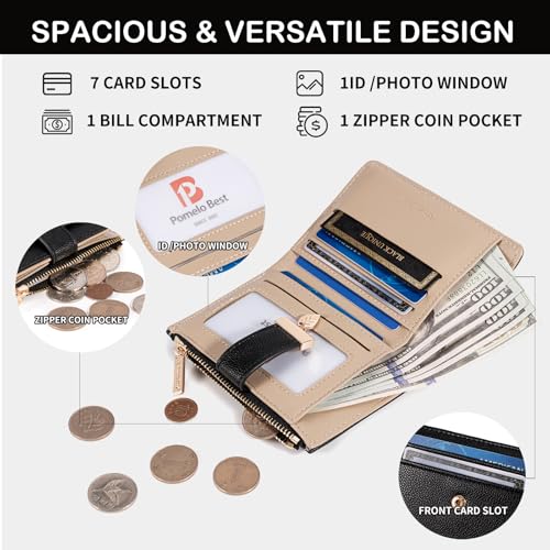 Image of Pomelo Best Small Wallet Women Bifold Soft Leather Card Holder with ID Window Zipper Coin Pocket Wallets for Women Black