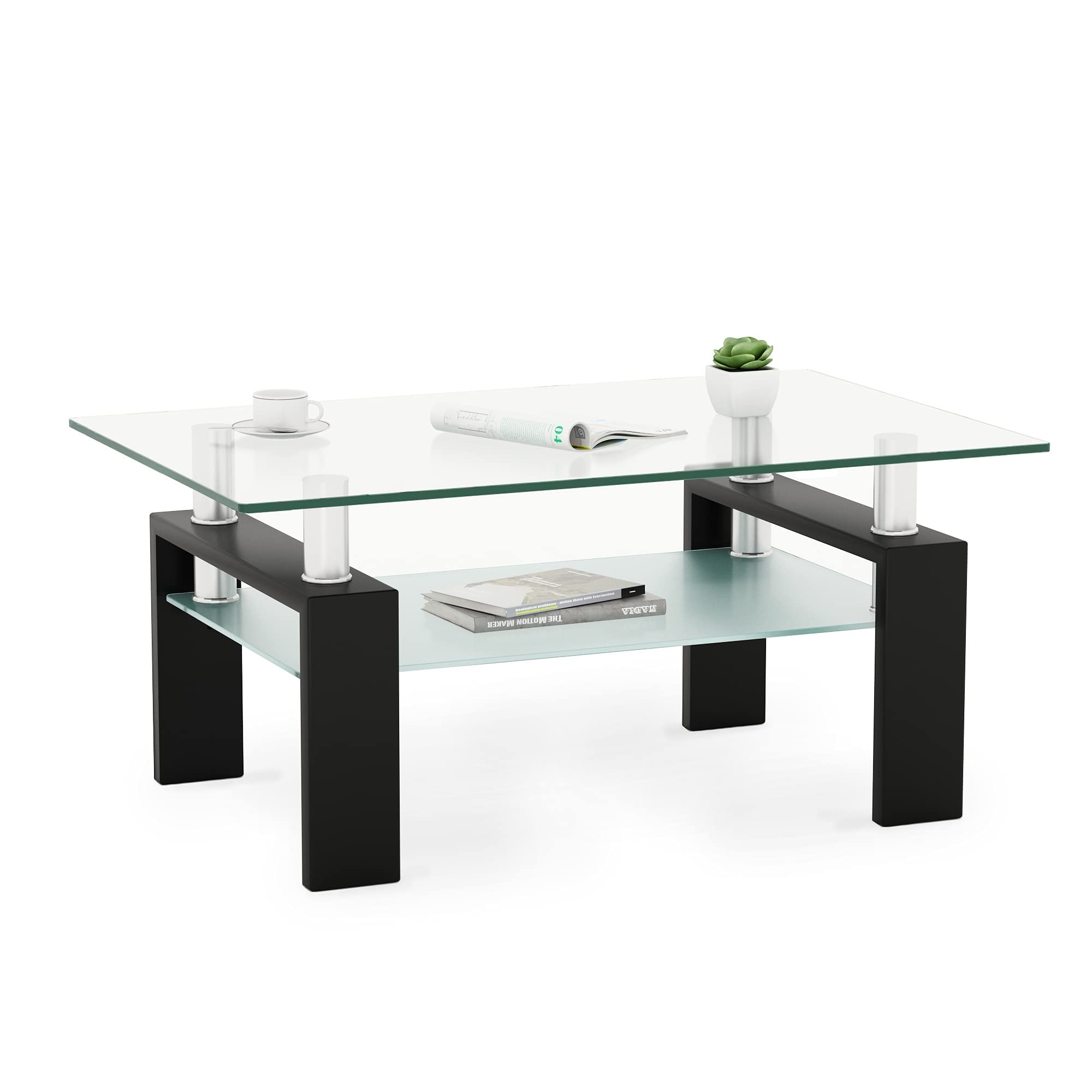 IANIYA Rectangle Glass Coffee Table, Living Room Table with Black Metal Legs & Tempered Glass, Modern Center Table for Bedroom Small Space