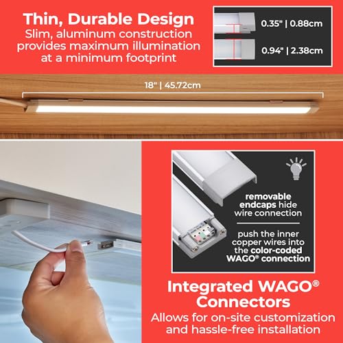 Image of PureOptics LED Professional Push Wire Under Cabinet Light Bar, Add-on, Plug-in or Hardwire Compatible, Adjustable White and RGB LED, for Kitchen, Utility Light, Closets, Garage, Pantry, (1) 18 inch Bar