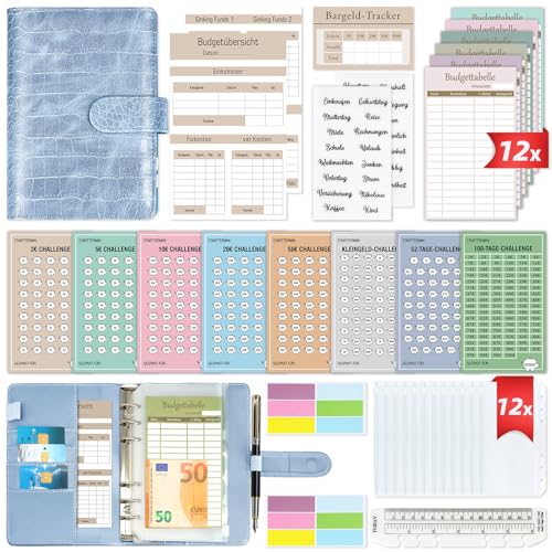 Budget Planner Deutsch - Bugetplaner Deutsch Startset mit 8 Sparchallenges - Finanzplaner Haushaltsbuch - Geld Organizer Sparbuch - Cash Stuffing - Budget Binder A6 Leder - Sparen mit Umschlagmethode