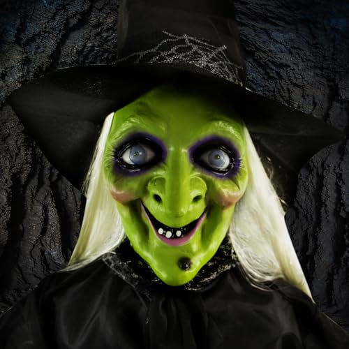 Haunted Hill Farm 71-in. Witch with Broomstick Animatronic, Indoor/Outdoor Halloween Decor, Poseable & Talking Animated Halloween Prop, Battery Operated