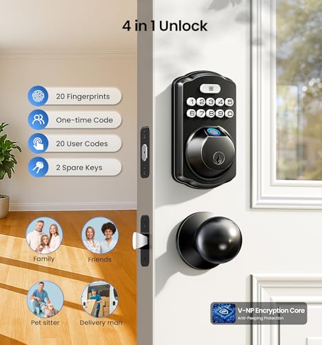 Image of Veise Fingerprint Door Lock with 2 Knobs - Keyless Entry Door Lock with Handle, Electronic Keypad Deadbolt, Smart Front Handle Set, Auto-Locking, Waterproof, Easy Installation, Matte Black