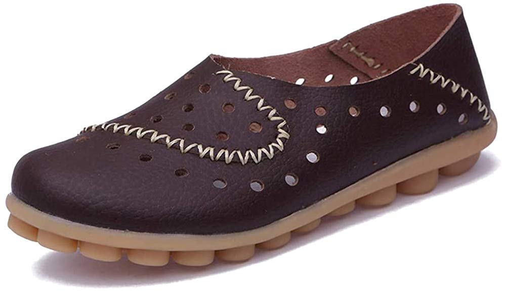 Womens Leather Driving Shoes Slip-Ons Flats Casual Moccasins Soft Nurse Shoes