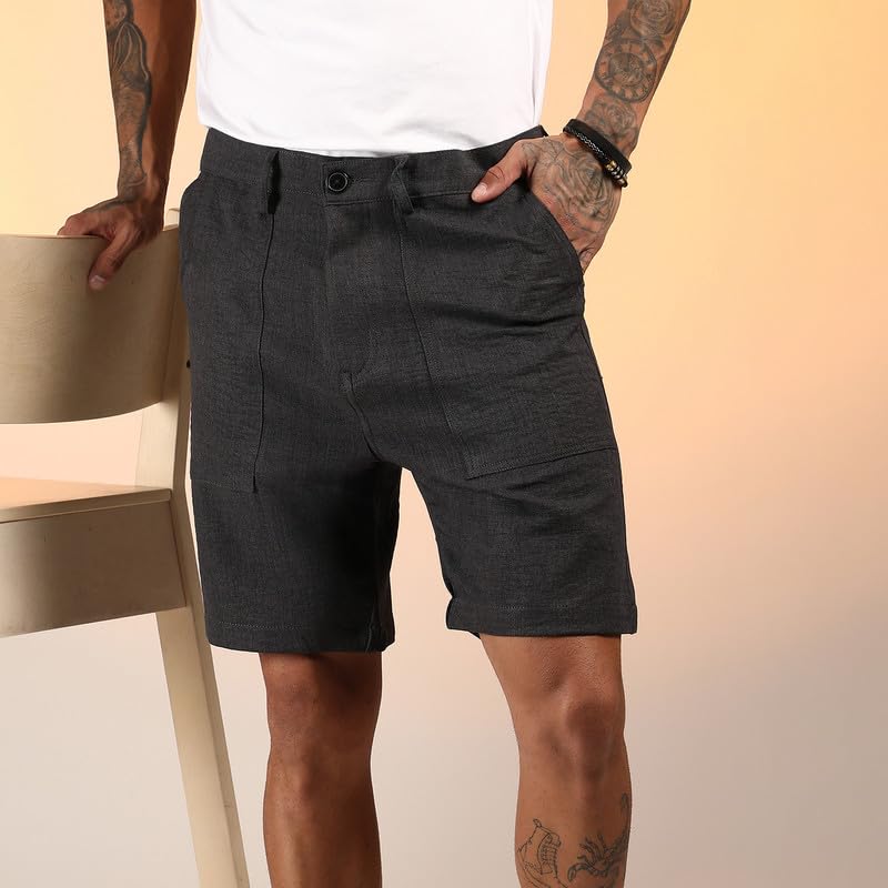 Image of CAHOOT Men's Wrinkled Tailored Shorts for Casual Wear | Mid-Rise | Regular Fit | Button Closure | Shorts Crafted with Comfort Fit for Everyday Wear
