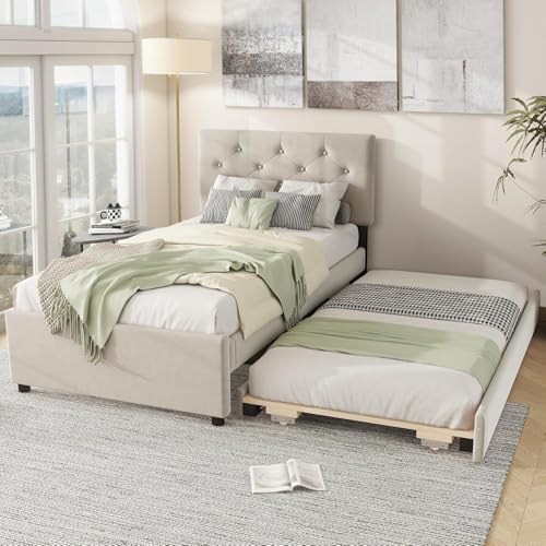 Wyibwy Cama acolchada de 90 x 200 cm con cama extraíble, cama individual con somier de láminas, tela de terciopelo, para niños e invitados, sin colchón, beige