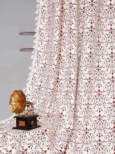Image of Cortina 100% Cotton, Bohemian Tasseled Boho Printed, Room Darkening Curtains for Window (with Back Tabs) - 7 Feet, Maroon, 1 Piece (Length 210 Cm)