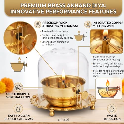 Image of Ein Sof Akhand Diya with Adjustable Bati for Pooja (5 inches), Large Size Brass Diyas with Wick Lifting Screw Lever & Borosilicate Glass Cover for Home Decoration, Puja & Gifting (250ml, 48 Hour)
