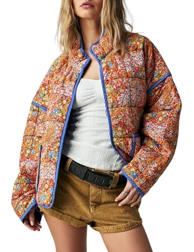Womens Cropped Quilted Lightweight Jackets Floral Printed Open Front Puffer Coat Cardigan