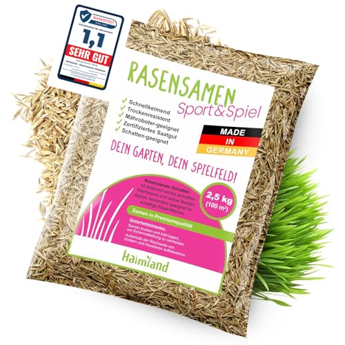 halmland Graines de gazon à germination rapide 2,5 kg pour 100 m² – Gazon de sport et de jeu durable – Graines d'herbe résistantes à la sécheresse d'automne – Fabriqué en Allemagne – Semences de gazon