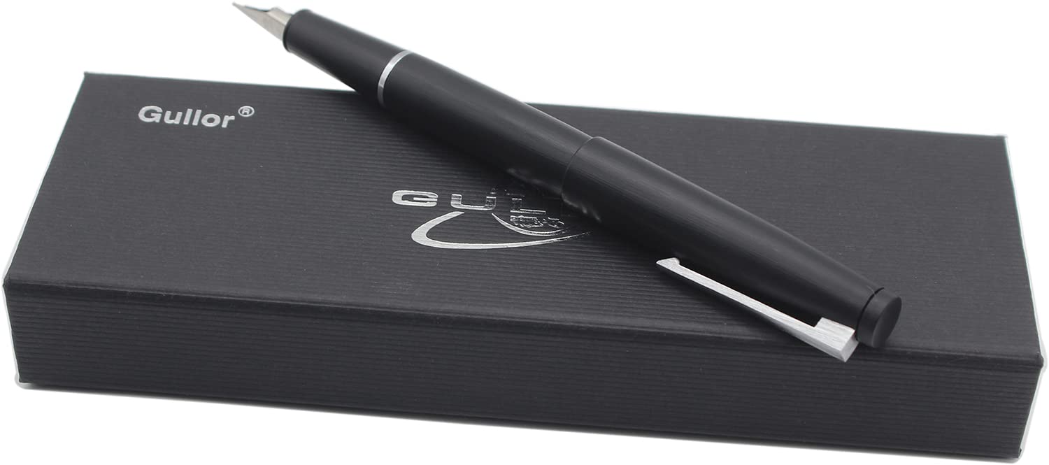 Gullor Matte Black Fountain Pen - Extra Fine Nib (0.38mm) - Comes With Converter & Gift Box - Classic Metal Design