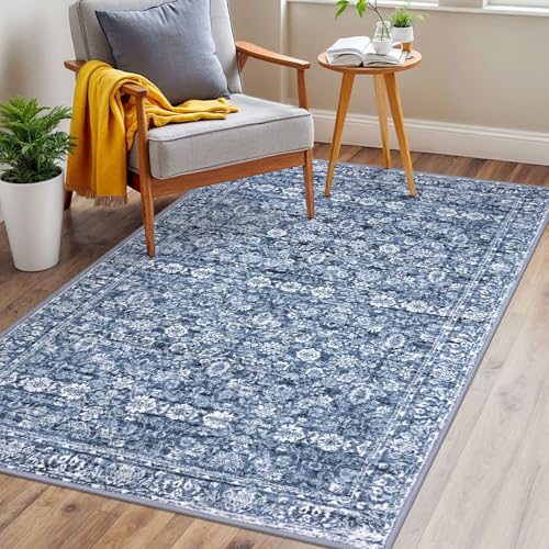 3x5 Blue Washable Rug for Entrance, Soft Distressed Floral Rug with Non-Slip, Low-Pile Vintage Area Rugs for Office Entryway Bedroom, Non-Shedding Carpet for Boys Dorm