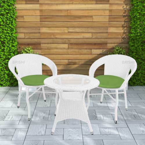 Image of BRISHI 3-Piece Outdoor Rattan Wicker Patio Coffee Table Set with Green Cushion | Garden Furniture for Balcony, Terrace, Poolside & Porch | Waterproof Bistro Sets for Home & Backyard (White)