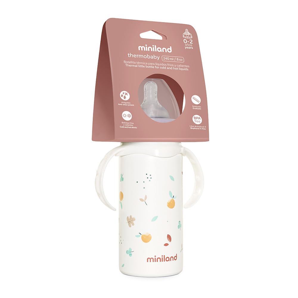 Miniland Thermobaby Valencia 240ml. Thermos da 240 ml in acciaio inox con tettarella, doppio strato di acciaio, che mantiene la temperatura della bevanda fredda e calda per ore.