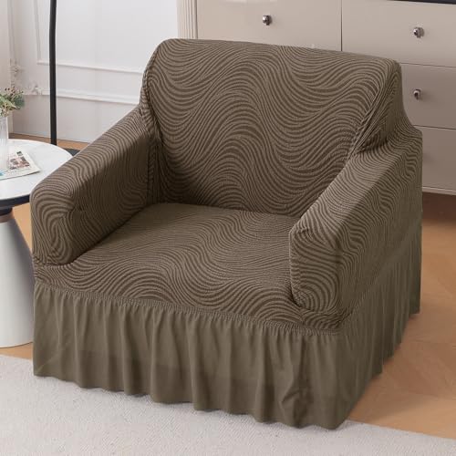 Image of HOKIPO 240 GSM Premium Jacquard Fully Covered Stretchable Sofa Cover for 1 Seater, 'Serene Wave Series' Taupe Brown (AR-6352-LBR)
