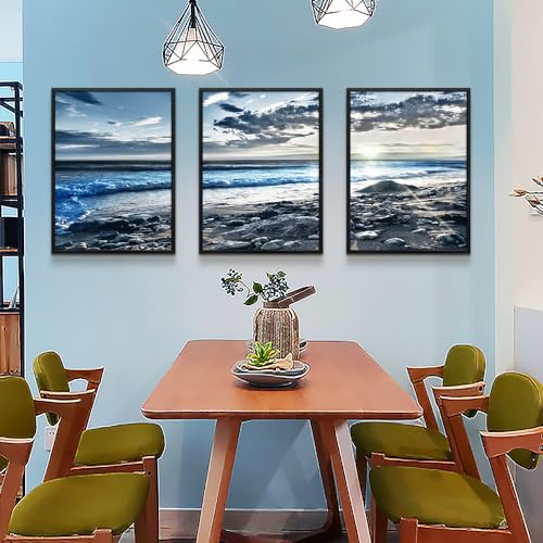 Lapremoly Black Framed Wall Art For Living Room Large Wall Decor For Bedroom Office Decorations Blue Beach Seascape Wall Pictures Ocean Landscape Painting Poster Prints Artwork Home Decor 3 Piece
