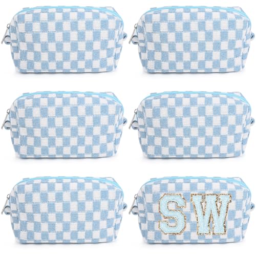 6 Pcs Preppy Makeup Bag Bulk Checkered Cosmetic Bag Light blue Makeup Pouch Personalize Travel Toiletry Bag Organizer Cute DIY Makeup Brushes Storage Bag for Women