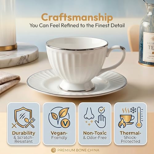 Image of U.P.C. Cup & Saucer Set of 12 Pcs | White & Silver Rim Embossed Bone China Tea Coffee Cup Set | Luxury Crockery | Gift for Home & Kitchen