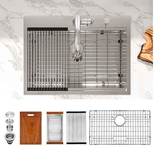 30 Kitchen Sink Workstation Drop In - Sarlai 30X22 Stainless Steel Drop Sink Topmount Overmount 16 Gauge Deep Single Bowl Ledge One Basin