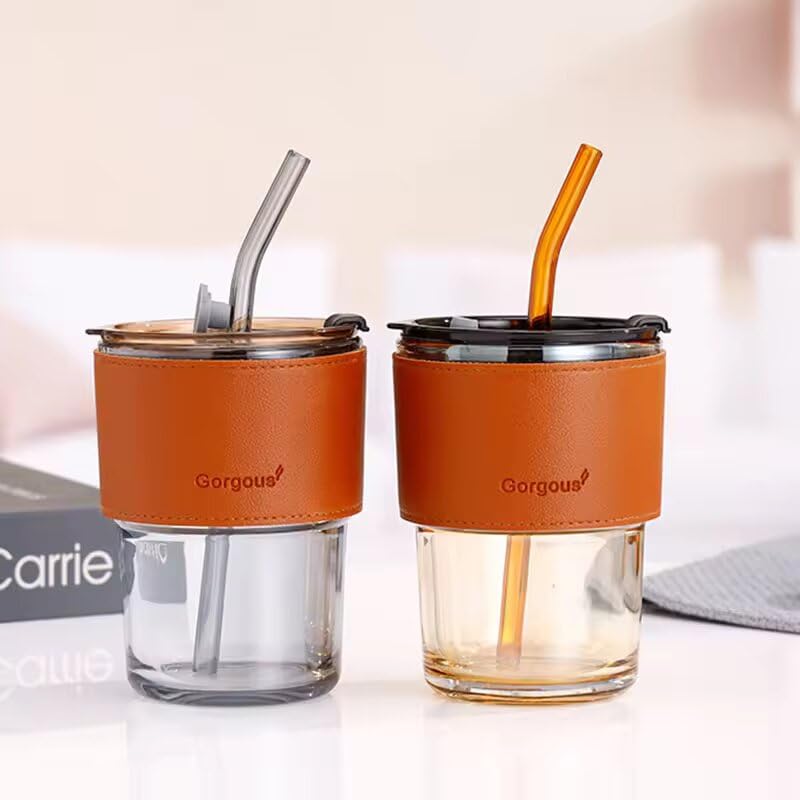 Image of ANKUL Beer Can Glass Tumbler with Straw and Lid Leather Band- 400ml- Pack of 1 - Mojito Sipper Mug with Lid for Kids Milk Cup with Straw (Lather Brown Tumbler, 1)