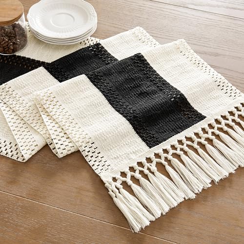Image of ZeeMart Macrame Style Bicolor Stitching Table Runner, 14 x 36 Inch Black /Ivory, Boho Table Runners 36 Inches Long, Farmhouse Woven Home Decor