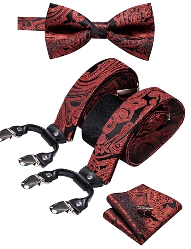 Image of YOHOWA Men Suspenders 6 Clips Strength Adjustable Y Braces Pre-Tied Bow Tie Set Formal Wedding Party