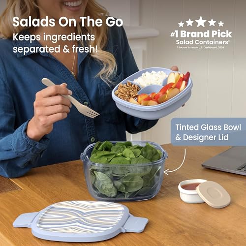 Image of Bentgo Glass Salad Container, 7.6-Cup, 4-Compartment Tray, Reusable Fork