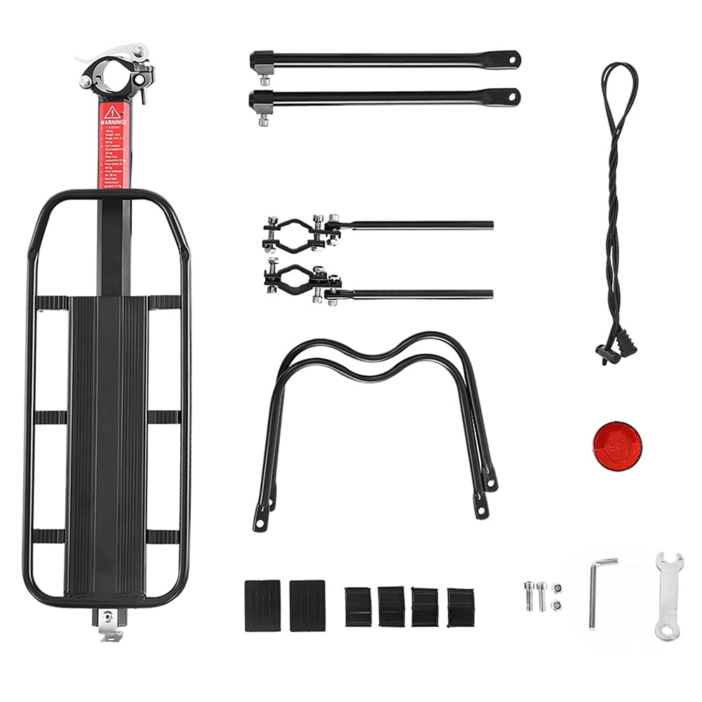 Portapacchi Posteriore per Bicicletta, Alluminio, Mountain Bike, con Riflettore, Carico Massimo 25 kg, Nero