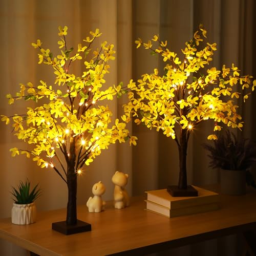 Baquler 2 Pcs Fake Forsythia Tree Lamp Artificial Yellow Flowers