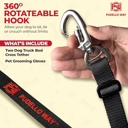 Truck Bed Dogs Tether for Two Dogs – Canine Tie Down System – Adjustable Double Safety Leash for Car, SUV or Truck Bed for Dogs – includes Pair of Pet Grooming Gloves Truck Bed Dogs Tether for Two Dogs – Canine Tie Down System – Adjustable Double Safety Leash for Car, SUV or Truck Bed for Dogs – includes Pair of Pet Grooming Gloves